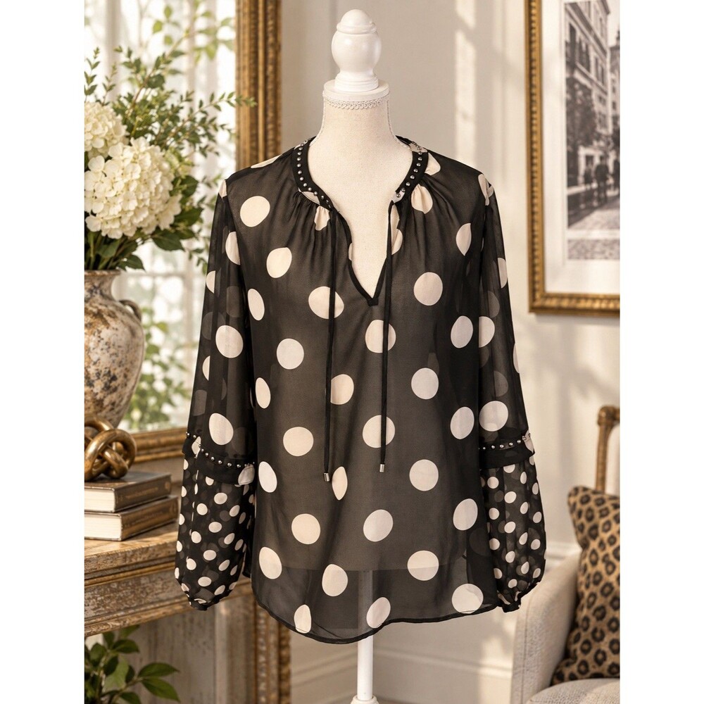 Chico’s Size 6 Black White Polka Dot Sheer Blouse Studded Boho Balloon Sleeve